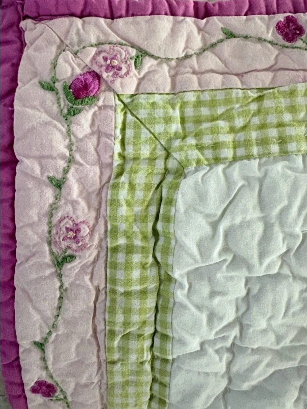Vintage POTTERY BARN KIDS Crib Toddler Quilt Blanket Pink Green Gingham Hearts